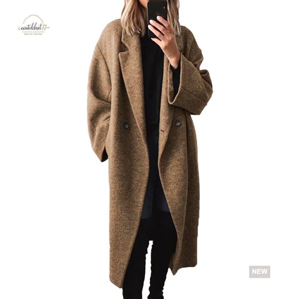 Oversized Wool Blend Long Coat Double Breasted Notch Lapel Loose Fit Trench